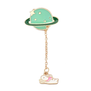 Alloy Enamel Brooches, Enamel Pin, Planet with Rabbit, Golden, Green, 63.5mm, Pin: 1.2mm,