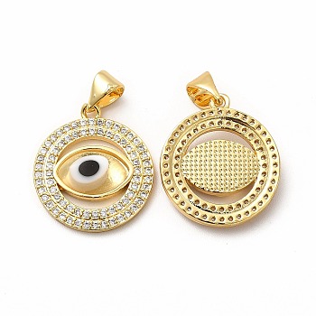 Rack Plating Real 18K Gold Plated Brass Micro Pave Clear Cubic Zirconia Pendants, with Handmade Lampwork, Cadmium Free & Lead Free, Long-Lasting, Flat Round with Evil Eye, Clear, 20x17.5x3.5mm, Hole: 5.5x4mm