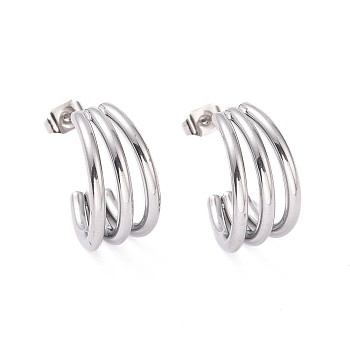 304 Stainless Steel C-shape Stud Earrings, Chunky Half Hoop Earrings for Women, Stainless Steel Color, 18x18x9mm, Pin: 0.8mm