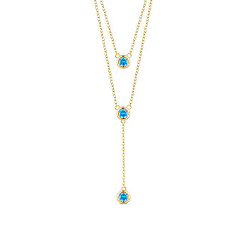 SHEGRACE 925 Sterling Silver Two-Tiered Necklaces, with Three Round Blue AAA Cubic Zirconia Pendant, Golden, 14.96 inch~16.54 inch(38~42cm)