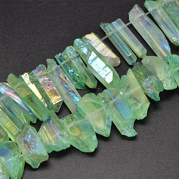 Electroplated Natural Quartz Crystal Beads Strands, Nuggets, Tusk Shape, AB Color, Dyed, Light Green, 7~15x18~60mm, Hole: 1mm, about 46pcs/strand, 16 inch