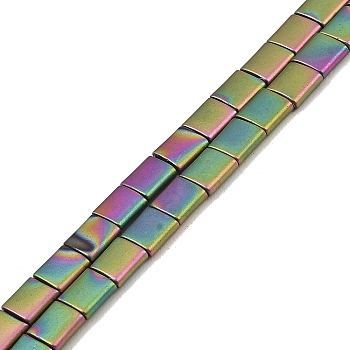 Electroplated Frosted Non-magnetic Synthetic Hematite Beads Strands, Square, 2-Hole, Rainbow Plated, 5x5x2mm, Hole: 0.8mm, about 74pcs/strand, 15.75 inch(40cm)