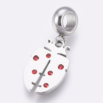 304 Stainless Steel European Dangle Charms, Large Hole Pendants, with Rhinestone, Ladybug, Stainless Steel Color, Light Siam, 26.5mm, Hole: 4mm, Pendant: 16.5x11x1.5mm