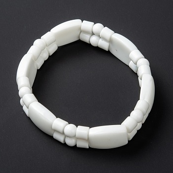 Opaque Glass Beads Stretch Bracelets, Rectangle & Round, White, Inner Diameter: 2-1/8 inch(5.4cm)