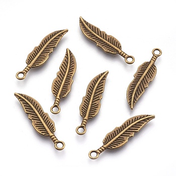 Tibetan Style Alloy Pendants, Feather, Cadmium Free & Nickel Free & Lead Free, Antique Bronze, 30x8x1.5mm, Hole: 2mm