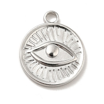 304 Stainless Steel Pendants, Flat Round with Eye Charms, Stainless Steel Color, 20x17x2.5mm, Hole: 2.5mm