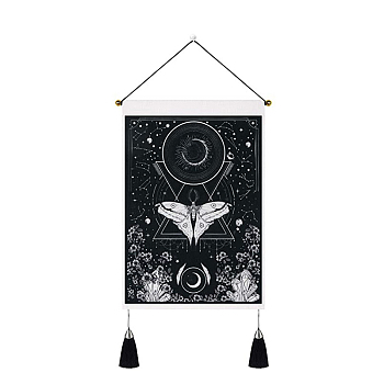 Polyester Moth Pattern Wall Tapestrys, for Home Decoration, with Wood Bar, Nulon Rope, Plastic Hook, Rectangle, Black, 500x350mm