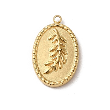 304 Stainless Steel Pendants, Oval with Leaf Pattern Charm, Real 14K Gold Plated, 20.5x13x2mm, Hole: 1.5mm