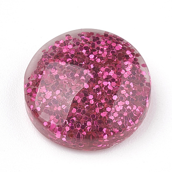 Resin Cabochons, with Glitter Powder, Flat Round, Medium Violet Red, 13.5~14x4~6mm