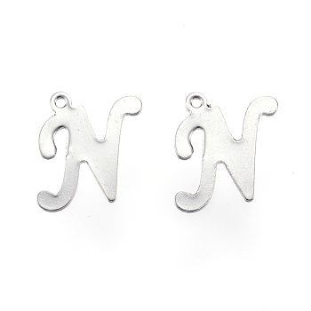 304 Stainless Steel Letter Charms, Letter.N, Stainless Steel Color, 14x11x0.8mm, Hole: 1mm