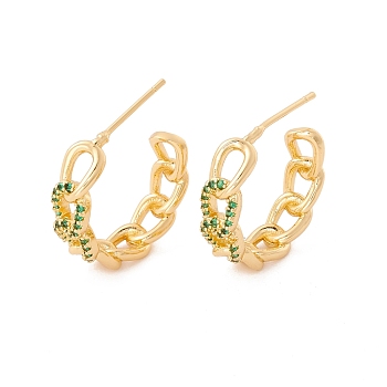Green Cubic Zirconia Curb Chain Stud Earrings, Brass Half Hoop Earrings for Women, Lead Free & Cadmium Free, Real 18K Gold Plated, 19x5.5mm, Pin: 1mm