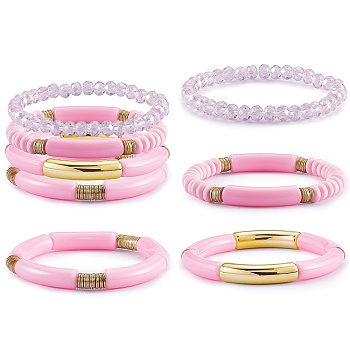 4Pcs 4 Style Acrylic Chunky Curved Tube Stretch Bracelet Sets, Polymer Clay & Glass Beads Stackable Bracelets for Women, Pink, Inner Diameter: 2-1/8 inch(5.3cm), 1Pc/style