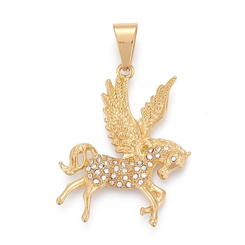 304 Stainless Steel Pendants, with Crystal Rhinestone, Pegasus, Golden, 45.5x37x4.5mm, Hole: 6.5x12mm