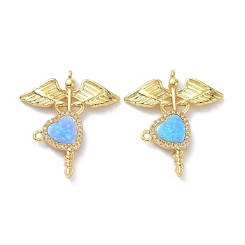 Eco-friendly Brass Micro Pave Clear Cubic Zirconia Pendants, with Synthetic Opal, Long-Lasting Plated, Wings & Heart, Real 18K Gold Plated, 29.5x25.5x3mm, Hole: 1.2mm