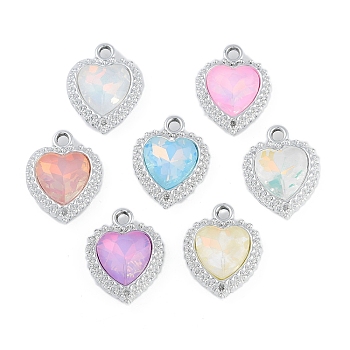 UV Plating Alloy with Mixed Color Glass Rhinestone Pendants, Cadmium Free & Lead Free, Heart, Platinum, 19x15x6mm, Hole: 2mm