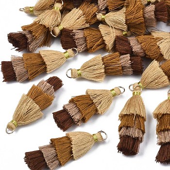 Polycotton(Polyester Cotton) Layered Tassel Big Pendant Decorations, with Iron Findings, Golden, Saddle Brown, 48~55x12~15mm, Hole: 2.5x4.5mm