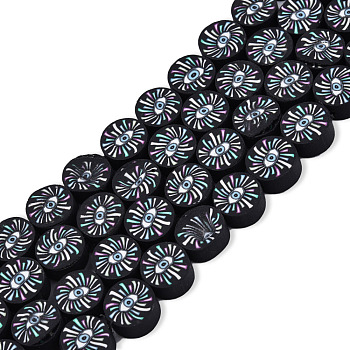 Handmade Polymer Clay Beads Strands, Flat Round with Eye, Black, 9~10x4.5~5mm, Hole: 1.6mm, about 37~40pcs/strand, 14.06 inch~15.35 inch(35.7~39cm)