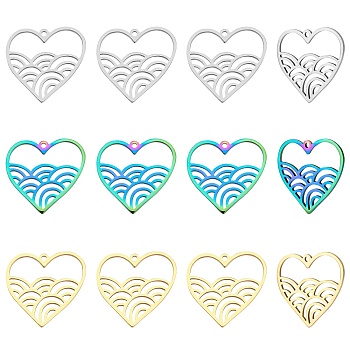 12Pcs 3 Colors Ion Plating(IP) 201 Stainless Steel Pendants, Laser Cut, Heart with Rainbow, Mixed Color, 21.5x22.5x1mm, Hole: 1.4mm, 4pcs/color