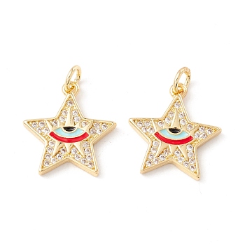 Brass Micro Pave Clear Cubic Zirconia Pendants, with Jump Rings and Enamel, Cadmium Free & Lead Free, Real 18K Gold Plated, Long-Lasting Plated, Star with Eye, Red, 17.5x16x2mm, Hole: 3mm
