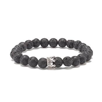 Natural Lava Rock Round Beaded Stretch Bracelet with Clear Cubic Zirconia Crown, Essential Oil Gemstone Jewelry for Women, Platinum, Inner Diameter: 2-1/4 inch(5.8cm)