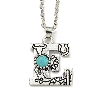 Letter A~Z Antique Silver Plated Alloy with Synthetic Turquoise Pendant Necklaces, with Iron Cable Chains, Letter E, 18.70 inch(475mm), Letter E: 25.5x20.5mm
