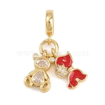 Brass Pave Clear Cubic Zirconia Animal European Dangle Charms, Cute Bear and Dog Large Hole Pendants with Enamel, Real 18K Gold Plated, Long-Lasting Plated, Rack Plating, Lead Free & Cadmium Free, Red, 26mm, Hole: 5mm(KK-H273-53G-04)