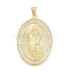Religion Brass Micro Pave Clear Cubic Zirconia Pendants, Oval with Virgin Mary Charms, Rack Plating, Long-Lasting Plated, Lead Free & Cadmium Free, Real 18K Gold Plated, 37x26x3.5mm, Hole: 5x4mm(KK-H268-04A-G)