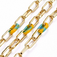 Handmade Brass Paperclip Chains, Drawn Elongated Cable Chains, with Acrylic Quick Link Connector, Soldered, Real 18K Gold Plated, Orange, Link: 13x6x2mm, Acrylic: 11x7x2.5mm(CHC-H102-12G-A)