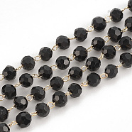 Handmade Glass Beaded Chains, Soldered, with Brass Findings, Faceted, Round, Black, Real 18K Gold Plated, 3mm(CHC-S004-02A-G)