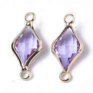 Glass Links, with Real 18K Gold Plated Brass Findings, Nickel Free, Faceted, Rhombus, Medium Purple, 22x10x5mm, Hole: 1.8mm(X-KK-S354-237C-NF)