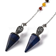 Natural Lapis Lazuli Pointed Hexagonal Cone Dowsing Pendulums, with Rack Plating Antique Silver Tone Alloy Findings and 7 Chakra Gemstone Round Beads, Cadmium Free & Lead Free, 213mm(G-Q184-03D-AS)