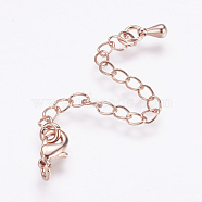Long-Lasting Plated Brass Chain Extender, with Lobster Claw Clasps and Chain Extender Teardrop, Real Rose Gold Plated, 9.5x5x2.5mm, Hole: 2mm, Extend Chain: 68~70mm, ring: 4x0.8~1mm(X-KK-F711-10RG)