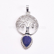 Brass Pendants, Natural Lapis Lazuli, Faceted, Hollow Flat Round with Tree of Life and Teardrop, Platinum, 49x27x6mm(G-G743-A02)