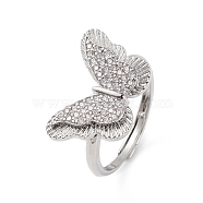 Clear Cubic Zirconia Butterfly Adjustable Ring, Brass Jewelry for Women, Lead Free & Cadmium Free, Platinum, Inner Diameter: 18mm(RJEW-L100-013P)