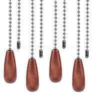 Natural Wood Teardrop Pendant Decorations, with Gunmetal Iron Ball Chains, Coconut Brown, 309x3~18mm, 4pcs/set(FIND-GF0002-67)