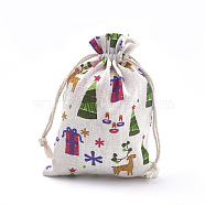 Polycotton(Polyester Cotton) Packing Pouches Drawstring Bags, with Printed Box and Christmas Tree, Colorful, 18x13cm(X-ABAG-S003-02E)