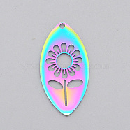 Ion Plating(IP) 201 Stainless Steel Pendants, Laser Cut, Hollow, Horse Eye with Flower, Rainbow Color, 30.5x15.5x1mm, Hole: 1.6mm(STAS-T056-LA556)