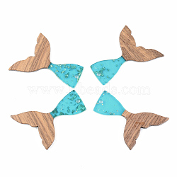 Transparent Resin & Walnut Wood Pendants, with Foil, Mermaid Fishtail Shape, Dark Turquoise, 39x28x3mm, Hole: 2mm(RESI-S389-032A-B03)