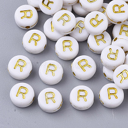 Plating Acrylic Beads, Golden Metal Enlaced, Horizontal Hole, Flat Round with Alphabet, White, Letter.R, 7x3.5mm, Hole: 1.2mm, about 3600pcs/500g(PACR-R242-01R)