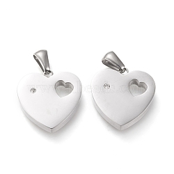 Valentine's Day 304 Stainless Steel Pendants, Cut-Out, with Rhinestone, Manual Polishing, Heart with Hollow Heart, Stainless Steel Color, 18.5x18x3.5~4mm, Hole: 3x6mm(STAS-F253-02P)
