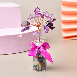 Natural Amethyst Chips Tree of Life Decorations, Glass Wish Bottle with Copper Wire Feng Shui Energy Stone Gift for Women Men Meditation, 70~80mm(DJEW-PW0013-19Q)