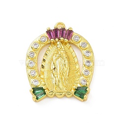 Eco-friendly Rack Plating Brass Micro Pave Cubic Zirconia Pendants, Cadmium Free & Lead Free, Long-Lasting Plated, Horseshoe with Religion Virgin Mary Charm, Real 18K Gold Plated, 19x15.5x2.5mm, Hole: 1.2mm(KK-F843-22G)