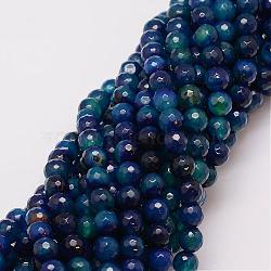 Natural Striped Agate/Banded Agate Bead Strands, Dyed, Faceted, Round, Prussian Blue, 8mm, Hole: 1mm, about 47pcs/strand, 14 inch(G-G882-8mm-D01-2)