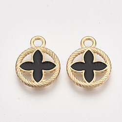 Alloy Pendants, Cadmium Free & Lead Free, with Enamel, Flat Round with Flower, Light Gold, Black, 16x13x1.5mm, Hole: 2mm(X-ENAM-S115-114A)