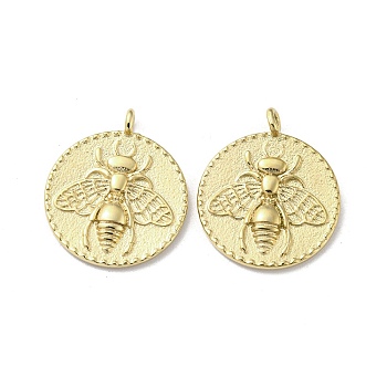 304 Stainless Steel Pendants, Flat Round with Bees Charms, Real 14K Gold Plated, 17.5x15x1.5mm, Hole: 1.6mm