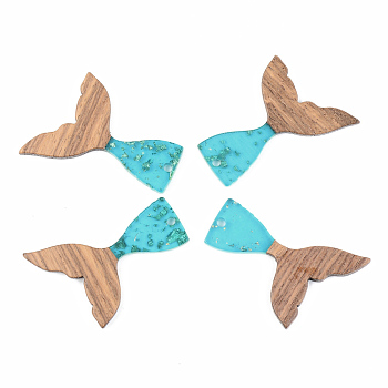 Transparent Resin & Walnut Wood Pendants, with Foil, Mermaid Fishtail Shape, Dark Turquoise, 39x28x3mm, Hole: 2mm