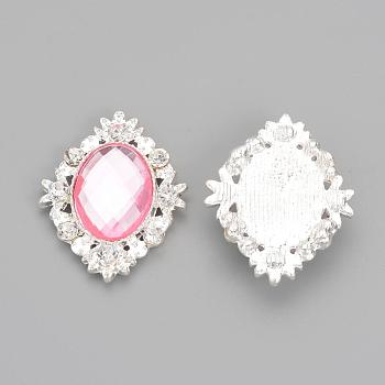 Alloy Rhinestone Flat Back Cabochons, with Acrylic Rhinestone, Oval, Silver Color Plated, Pearl Pink, 32x25x4.5mm
