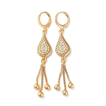 Rhinestone Teardrop Leverback Earrings, Brass Chains Tassel Earrings for Women, Light Gold, 64x10.5mm