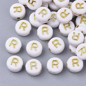 Plating Acrylic Beads, Golden Metal Enlaced, Horizontal Hole, Flat Round with Alphabet, White, Letter.R, 7x3.5mm, Hole: 1.2mm, about 3600pcs/500g