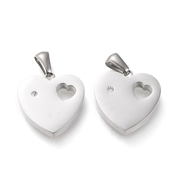 Valentine's Day 304 Stainless Steel Pendants, Cut-Out, with Rhinestone, Manual Polishing, Heart with Hollow Heart, Stainless Steel Color, 18.5x18x3.5~4mm, Hole: 3x6mm